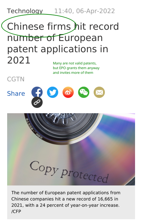 China and EPO: Many are not valid patents, but EPO grants them anyway and invites more of them