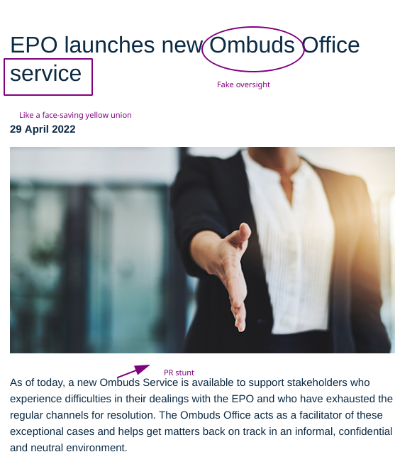 EPO launches new Ombuds Office service: Like a face-saving yellow union; PR stunt; Fake oversight