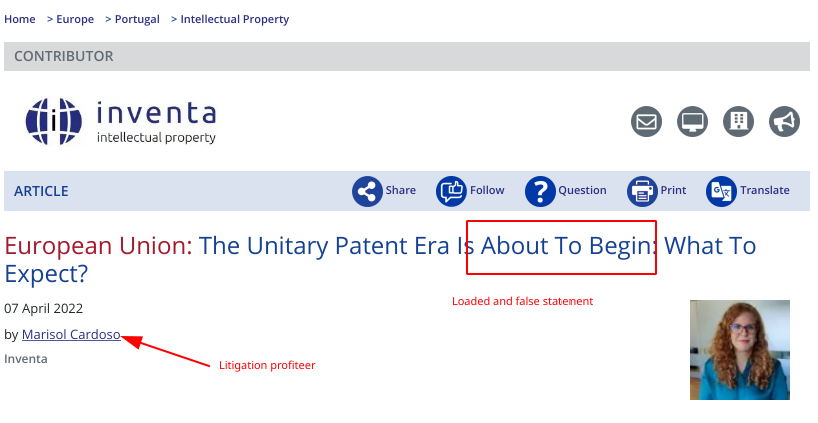 Patent profiteer Marisol Cardoso: Loaded and false statement 'The Unitary Patent Era Is About To Begin: What To Expect?'