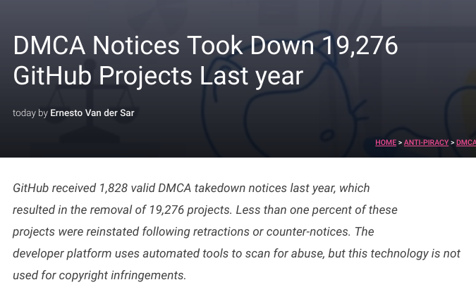 DMCA Notices Took Down 19,276 GitHub Projects Last year