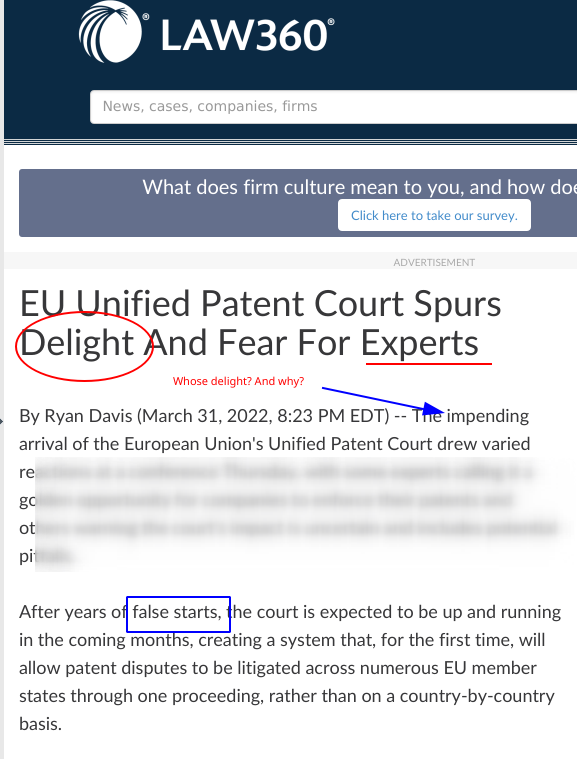 EU Unified Patent Court Spurs Delight And Fear For Experts by Law360: Whose delight? And why?