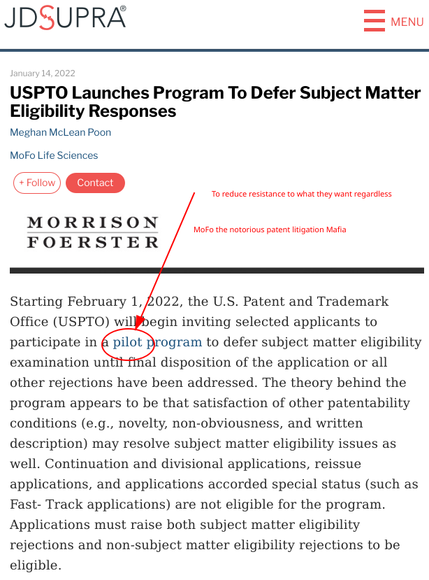 USPTO Launches Program To Defer Subject Matter Eligibility Responses: MoFo the notorious patent litigation Mafia; To reduce resistance to what they want regardless; screenshot