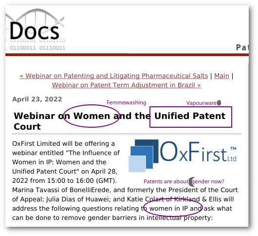 Webinar on Women and the Unified Patent Court: Femmewashing; Vapourware; Patents are about gender now?