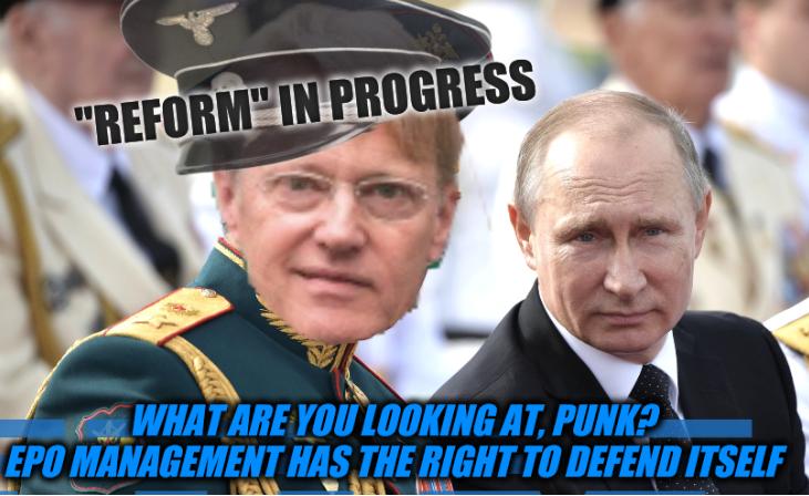 Putin and his long-time confidant Defence Minister Sergei Shoigu: 'Reform' in progress: What are you looking at, Punk? EPO management has the right to defend itself