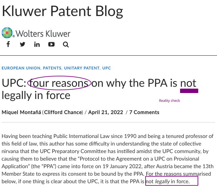 Miquel MontaÃÂ±ÃÂ¡ (Clifford Chance): UPC: four reasons on why the PPA is not legally in force: Reality check