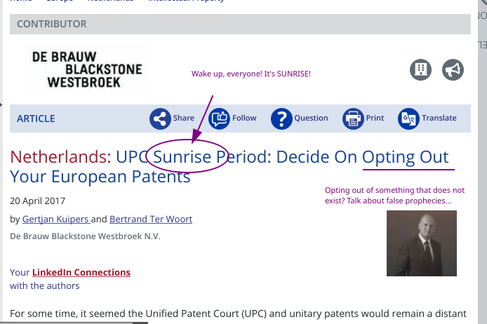 Netherlands: UPC Sunrise Period: Decide On Opting Out Your European Patents: Wake up, everyone! It's SUNRISE! Opting out of something that does not exist? Talk about false prophecies...