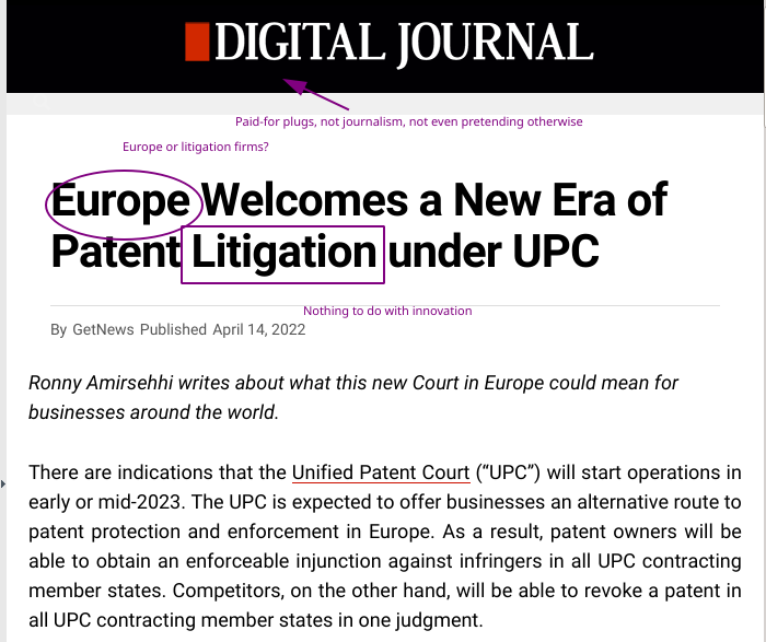 Ronny Amirsehhi/Europe Welcomes a New Era of Patent Litigation under UPC: Europe or litigation firms? Nothing to do with innovation. Paid-for plugs, not journalism, not even pretending otherwise