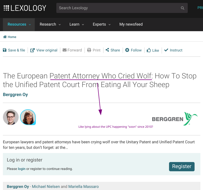 Berggren Oy - Michael Nielsen and Mariella Massaro: The European Patent Attorney Who Cried Wolf: How To Stop the Unified Patent Court From Eating All Your Sheep: Like lying about the UPC happening 'soon' since 2010?