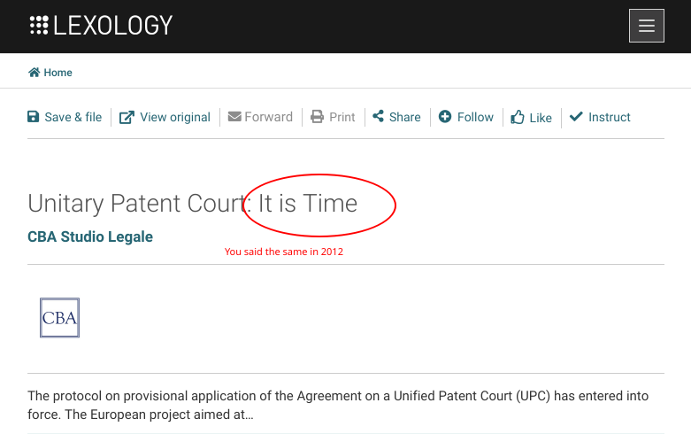 CBA Studio Legale's Mattia Dalla Costa: Unitary Patent Court: It is Time. You said the same in 2012.
