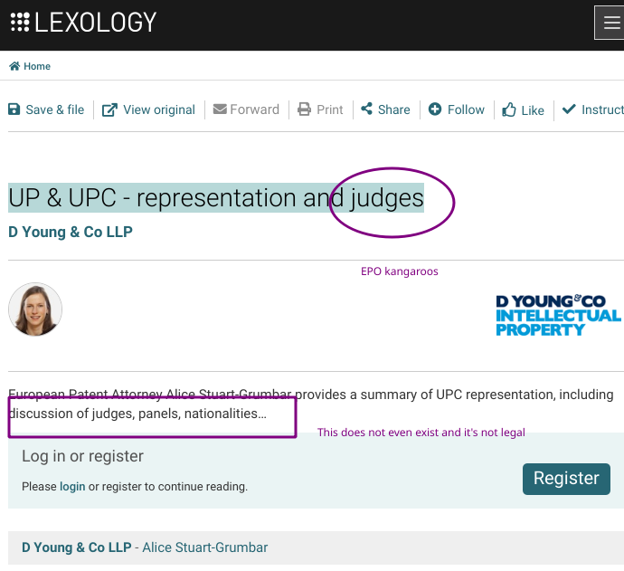 D Young & Co LLP - Alice Stuart-Grumbar: UP & UPC - representation and judges: EPO kangaroos; This does not even exist and it's not legal