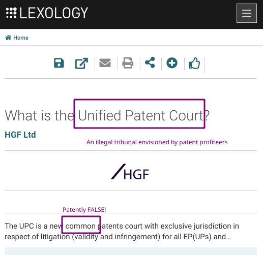 HGF Ltd: What is the Unified Patent Court?: Patently FALSE! An illegal tribunal envisioned by patent profiteers