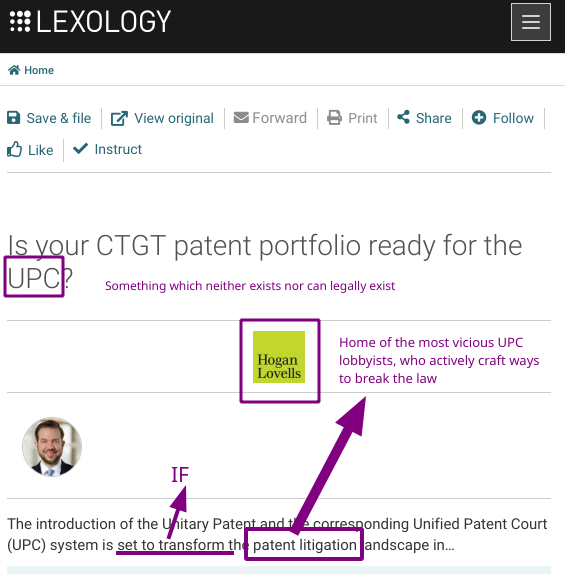 Benedikt Dellen/Hogan Lovells: Is your CTGT patent portfolio ready for the UPC? Something which neither exists nor can legally exist; Home of the most vicious UPC lobbyists, who actively craft ways to break the law; IF