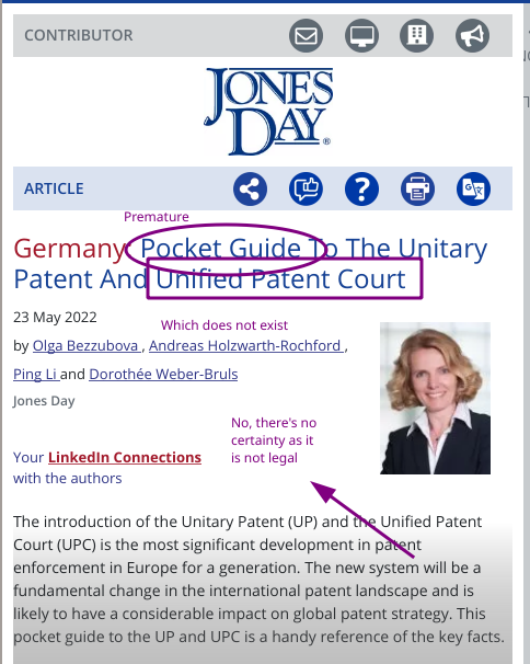 Olga Bezzubova, Andreas Holzwarth-Rochford, Ping Li and Dorothée Weber-Bruls: Germany: Pocket Guide To The Unitary Patent And Unified Patent Court; Premature; Which does not exist;  No, there's no  certainty as it is not legal