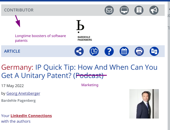 Georg Anetsberger Bardehle Pagenberg)/ Germany: IP Quick Tip: How And When Can You Get A Unitary Patent? (Podcast)
Marketing; Longtime boosters of software patents