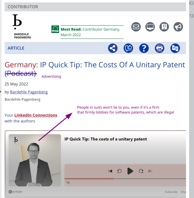Bardehle Pagenberg: IP Quick Tip: The costs of a unitary patent:  People in suits won't lie to you, even if it's a firm that firmly lobbies for software patents, which are illegal