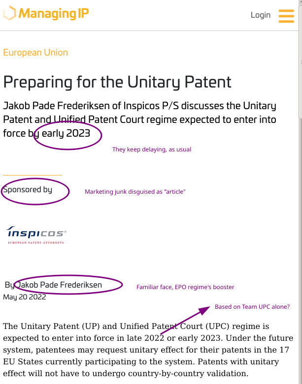 Junk By Jakob Pade Frederiksen: Preparing for the Unitary Patent: Marketing junk disguised as 'article'; Familiar face, EPO regime's booster; Based on Team UPC alone? They keep delaying, as usual