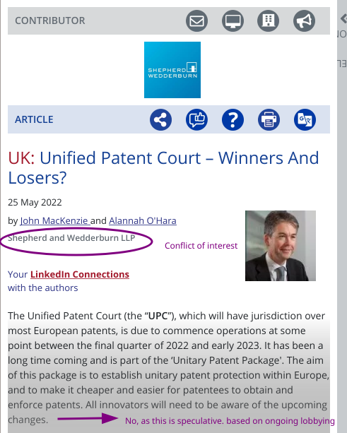 Shepherd and Wedderburn LLP - John MacKenzie and Alannah O'Hara: Unified Patent Court - winners and losers?; Conflict of interest; No, as this is speculative. based on ongoing lobbying