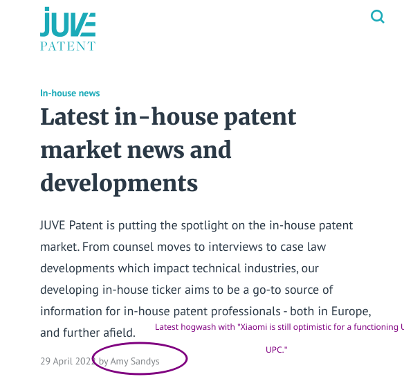 Amy Sandys: Latest in-house patent market news and developments: Latest hogwash with 'Xiaomi is still optimistic for a functioning UPC.'