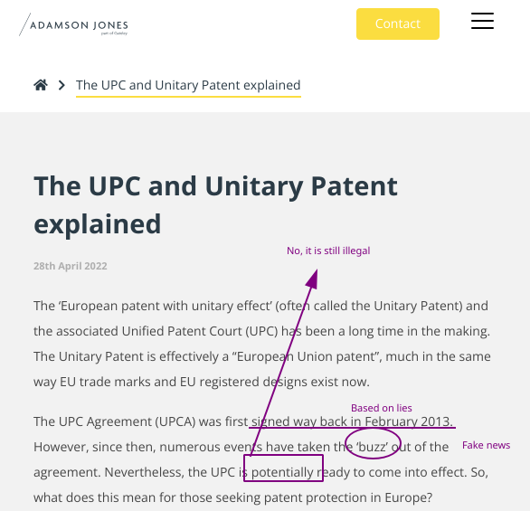 Adamson Jones: Peter Banks: The UPC and Unitary Patent explained: Based on lies; Fake news; No, it is still illegal