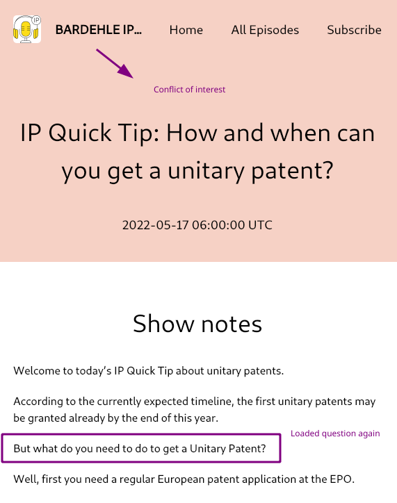 Bardehle Pagenberg: IP Quick Tip: How and when can you get a unitary patent?  Loaded question again; Conflict of interest