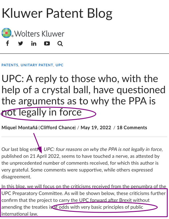 Miquel Montañá (Clifford Chance): UPC: A reply to those who, with the help of a crystal ball, have questioned the arguments as to why the PPA is not legally in force