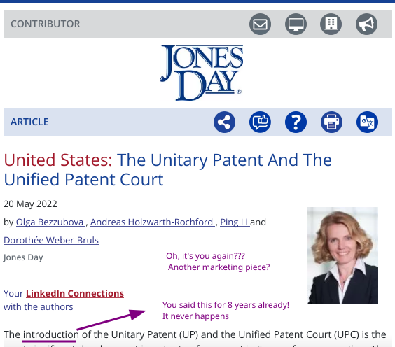 Jones Day/Olga Bezzubova, Andreas Holzwarth-Rochford  Ping Li and Dorothée Weber-Bruls/United States: The Unitary Patent And The Unified Patent Court: Oh, it's you again??? Another marketing piece? You said this for 8 years already! It never happens