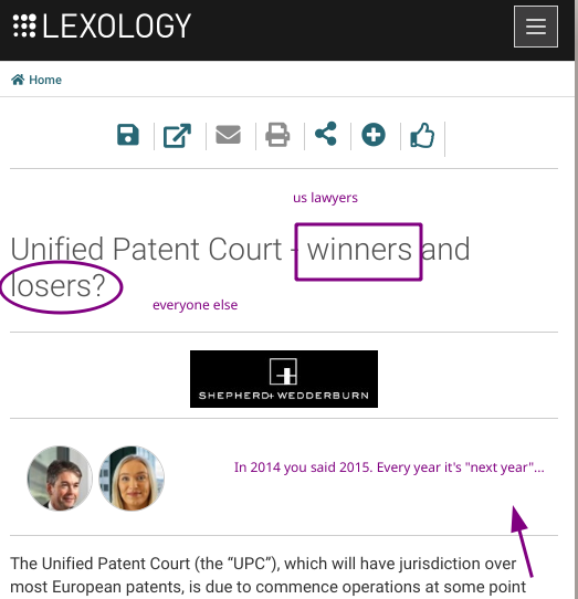 Shepherd and Wedderburn LLP - John MacKenzie and Alannah O'Hara: Unified Patent Court - winners and losers?; us lawyers; everyone else; In 2014 you said 2015. Every year it's 'next year'...