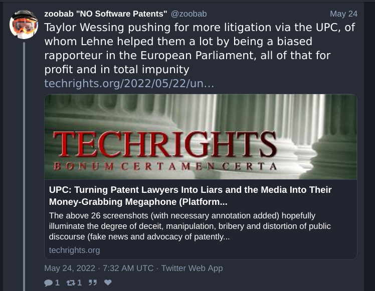 Taylor Wessing pushing for more litigation via the UPC, of whom Lehne helped them a lot by being a biased rapporteur in the European Parliament, all of that for profit and in total impunity