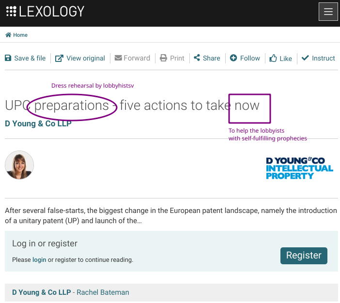 D Young & Co LLP - Rachel Bateman: UPC preparations - five actions to take now: To help the lobbyists with self-fulfilling prophecies...