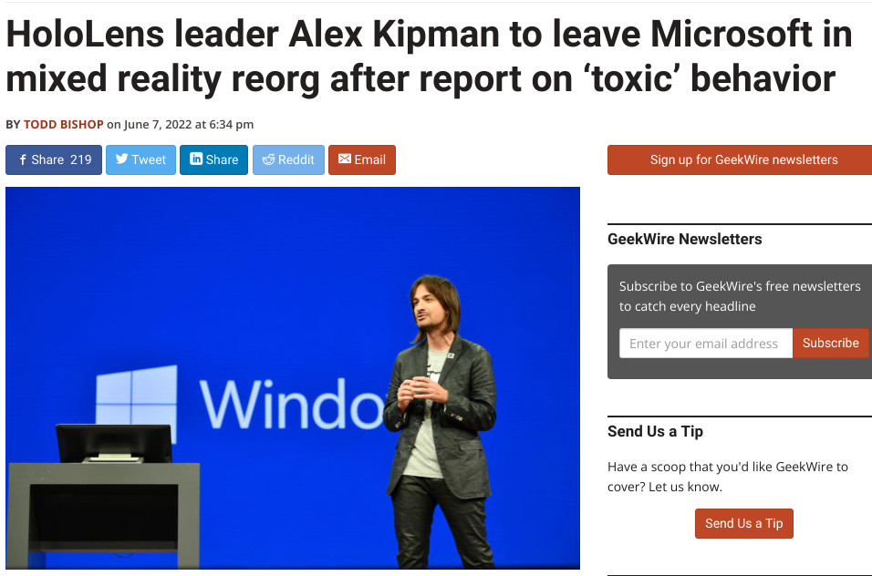 HoloLens leader Alex Kipman to leave Microsoft in mixed reality reorg after report on 'toxic' behavior – GeekWire