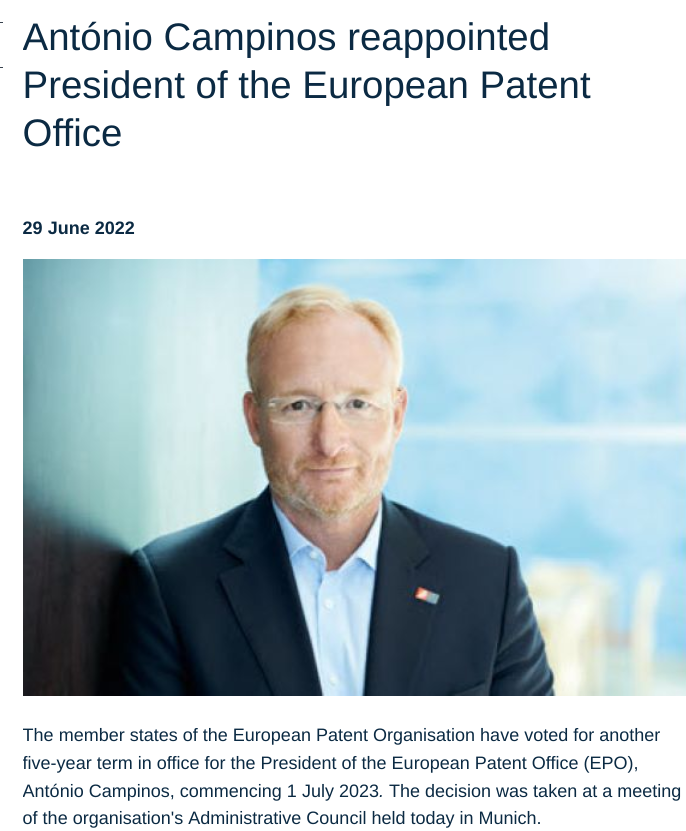 António Campinos reappointed President of the European Patent Office 