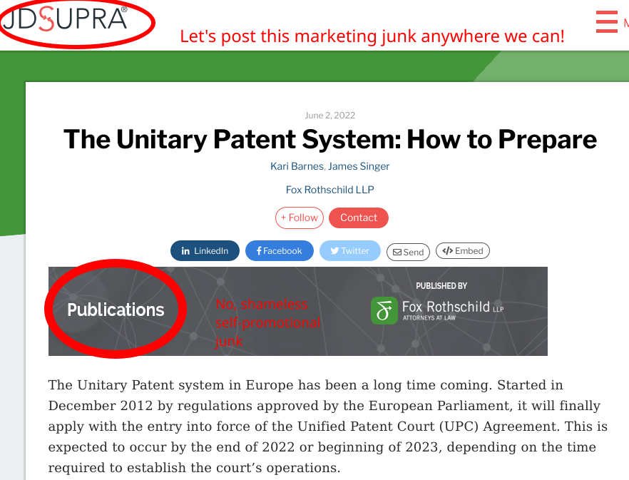 Kari L. Barnes and James Singer - Fox Rothschild LLP: United States: The Unitary Patent System: How To Prepare: Let's post this marketing junk anywhere we can! No, shameless self-promotional junk