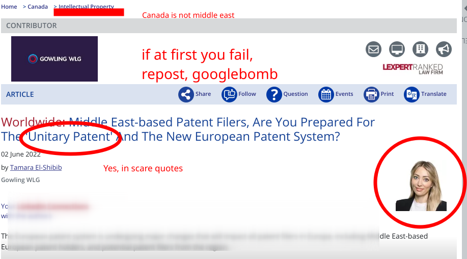 Gowling WLG - Tamara El-Shibib: Middle East-based patent filers, are you prepared for the 'Unitary Patent' and the new European patent system?: Yes, in scare quotes; if at first you fail, repost, googlebomb; Canada is not middle east