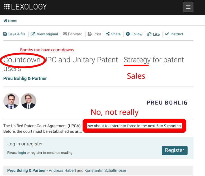 Preu Bohlig and Partner - Andreas Haberl and Konstantin Schallmoser: Countdown UPC and Unitary Patent - Strategy for patent users: Bombs too have countdowns; Sales; No, not really