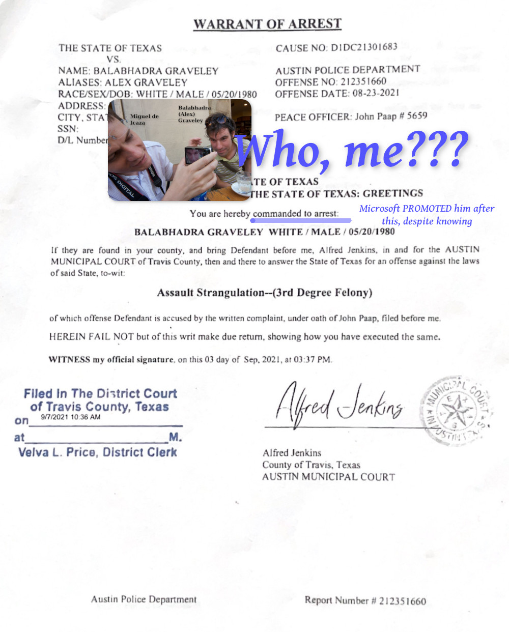 Alex Graveley arrest warrant page 1; Microsoft PROMOTED him after this, despite knowing