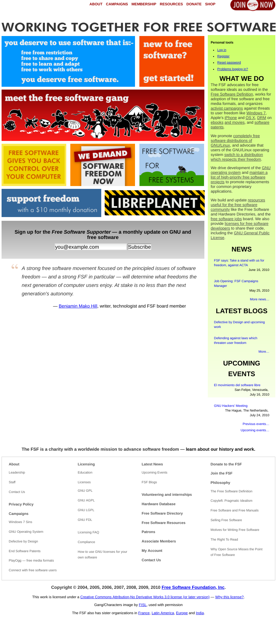 The FSF's Web site in 2010