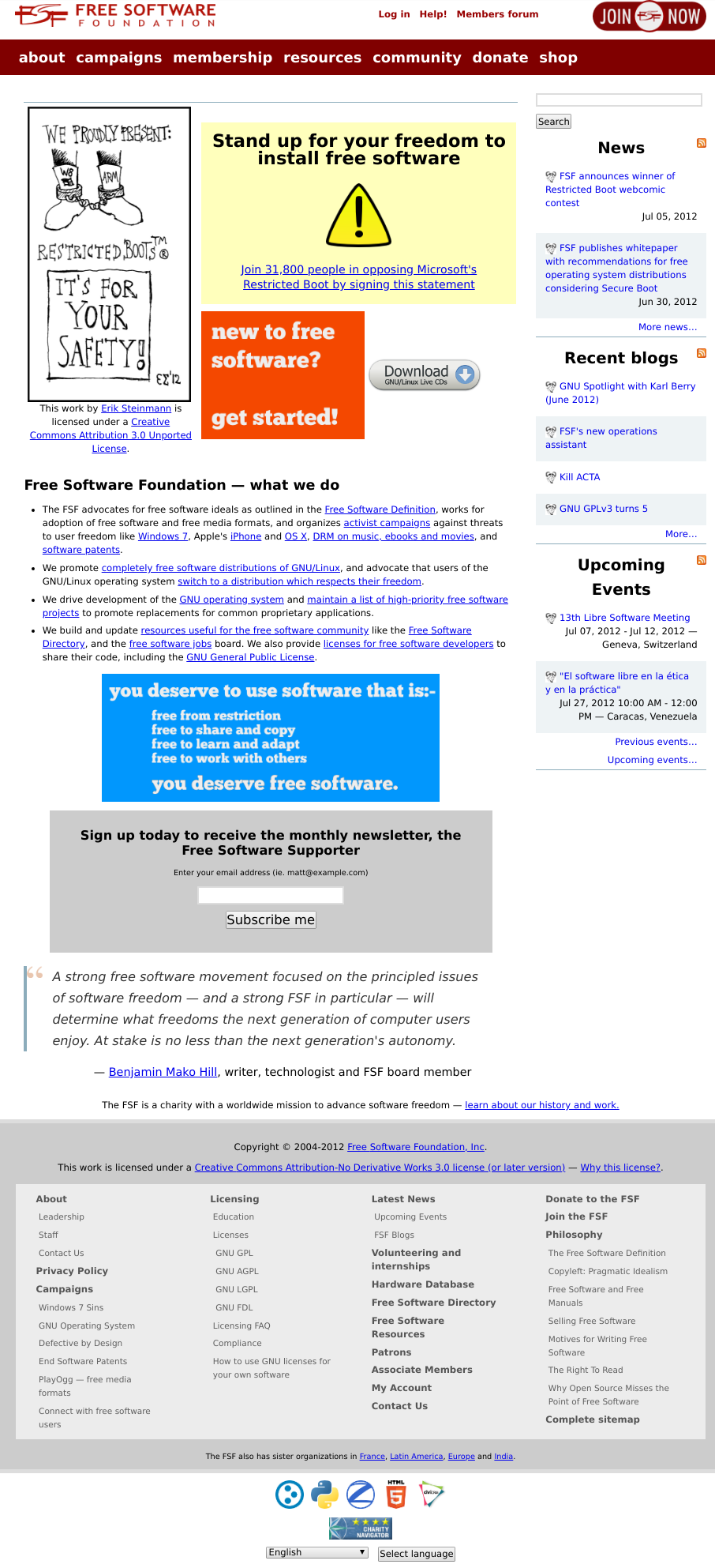 The FSF's Web site in 2012