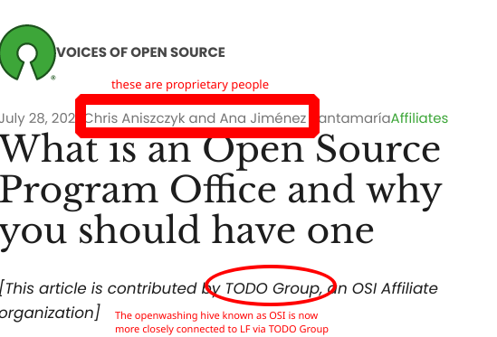 What is an Open Source Program Office and why you should have one: The openwashing hive known as OSI is now more closely connected to LF via TODO Group; these are proprietary people
