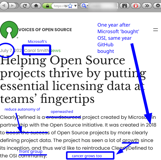 One year after Microsoft 'bought' OSI, same year GitHub bought; openwashed; reduce autonomy of; cancer grows too; front group