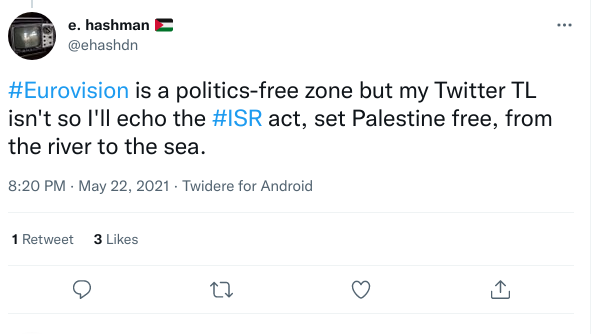 Elana Hashman: #Eurovision is a politics-free zone but my Twitter TL isn't so I'll echo the #ISR act, set Palestine free, from the river to the sea.