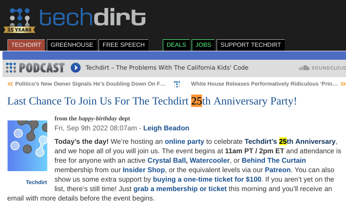 Last Chance To Join Us For The Techdirt 25th Anniversary Party!