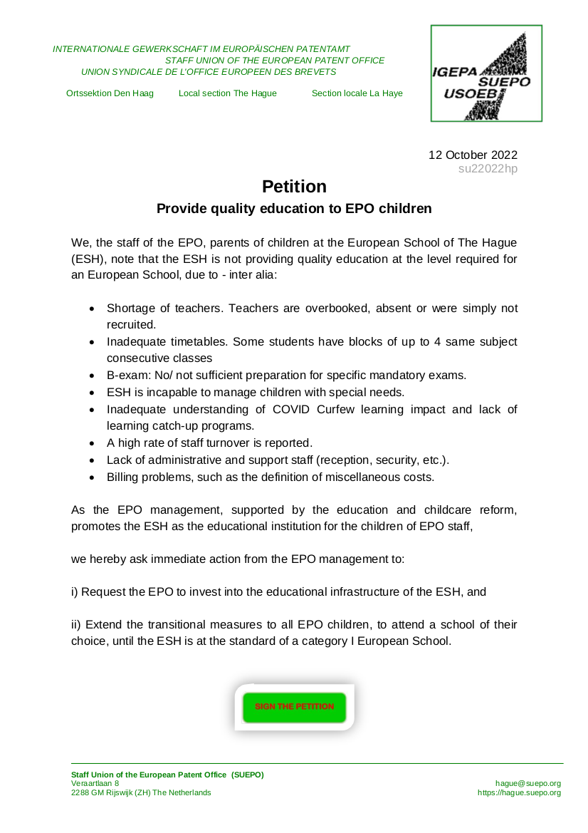European School The Hague (ESH) petition