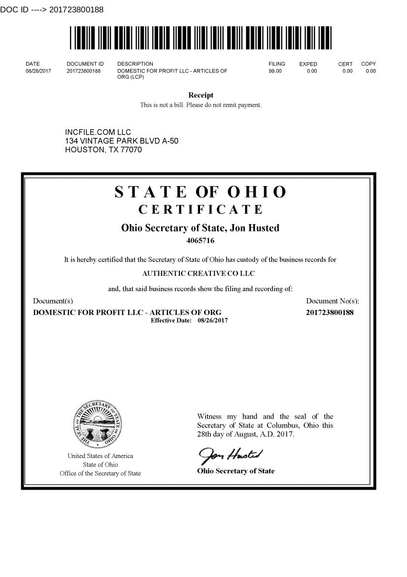AUTHENTIC CREATIVE CO LLC Ohio Rregistry 1