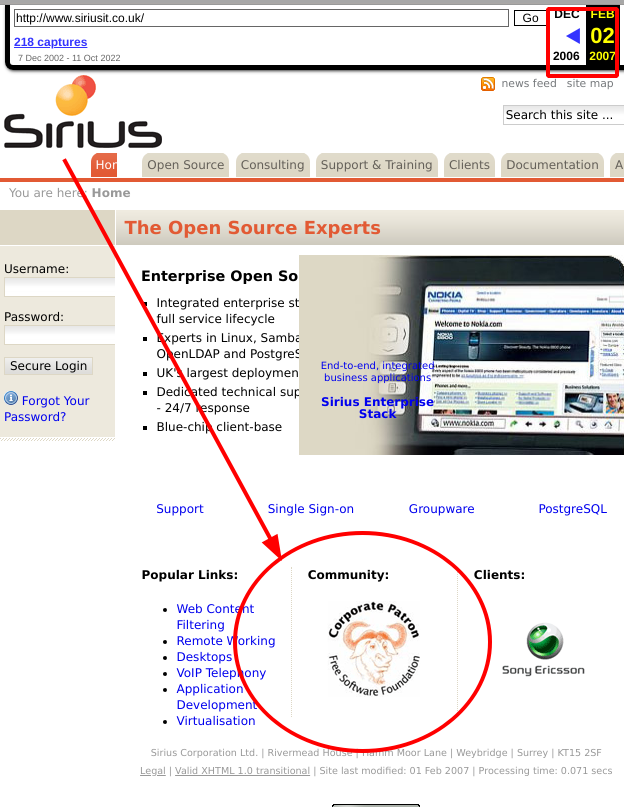 Wayback Machine screenshot: Sirius and GNU