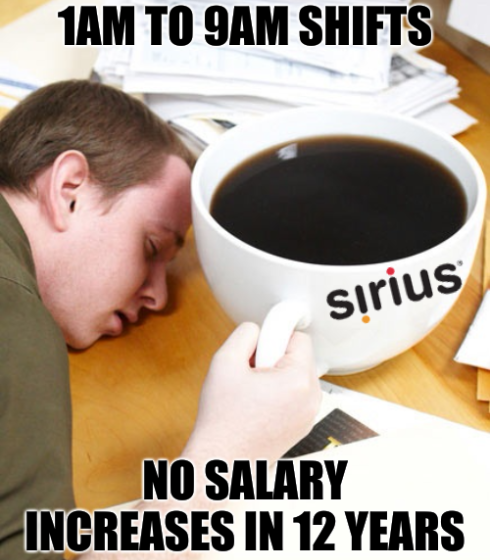 Sirius Open Source 1am to 9am shifts; No salary increases in 12 years