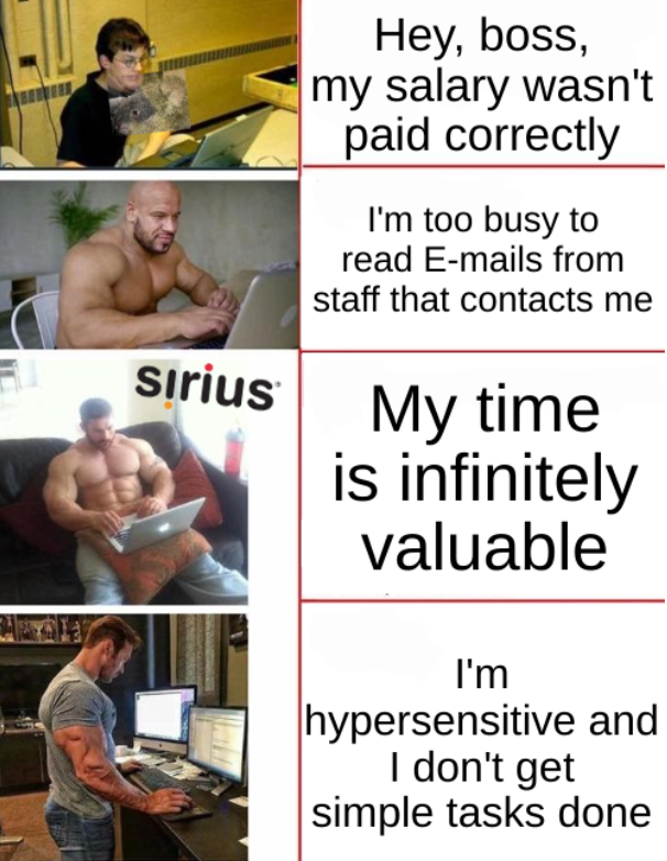 Hey, boss, my salary wasn't paid correctly; I'm too busy to read E-mails from staff that contacts me; My time is infinitely valuable; I'm hypersensitive and I don't get simple tasks done