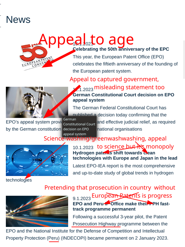 Appeal to age, Appeal to captured government, misleading statement too, Science-washing/greenwashwashing, appeal to science but it's monopoly; pretending that prosecution in country without European Patents is progress