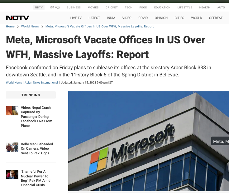 Meta, Microsoft Vacate Offices In US Over WFH, Massive Layoffs: Report