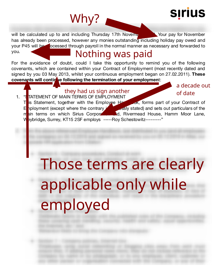 Roy's resignation page 2: There is no such thing; Nothing was paid; they had us sign another; a decade out of date; Those terms are clearly applicable only while employed; stuff inapplicable after departure; It is not defamatory if it's true and honest; you are not my boss; The Company does that on its own