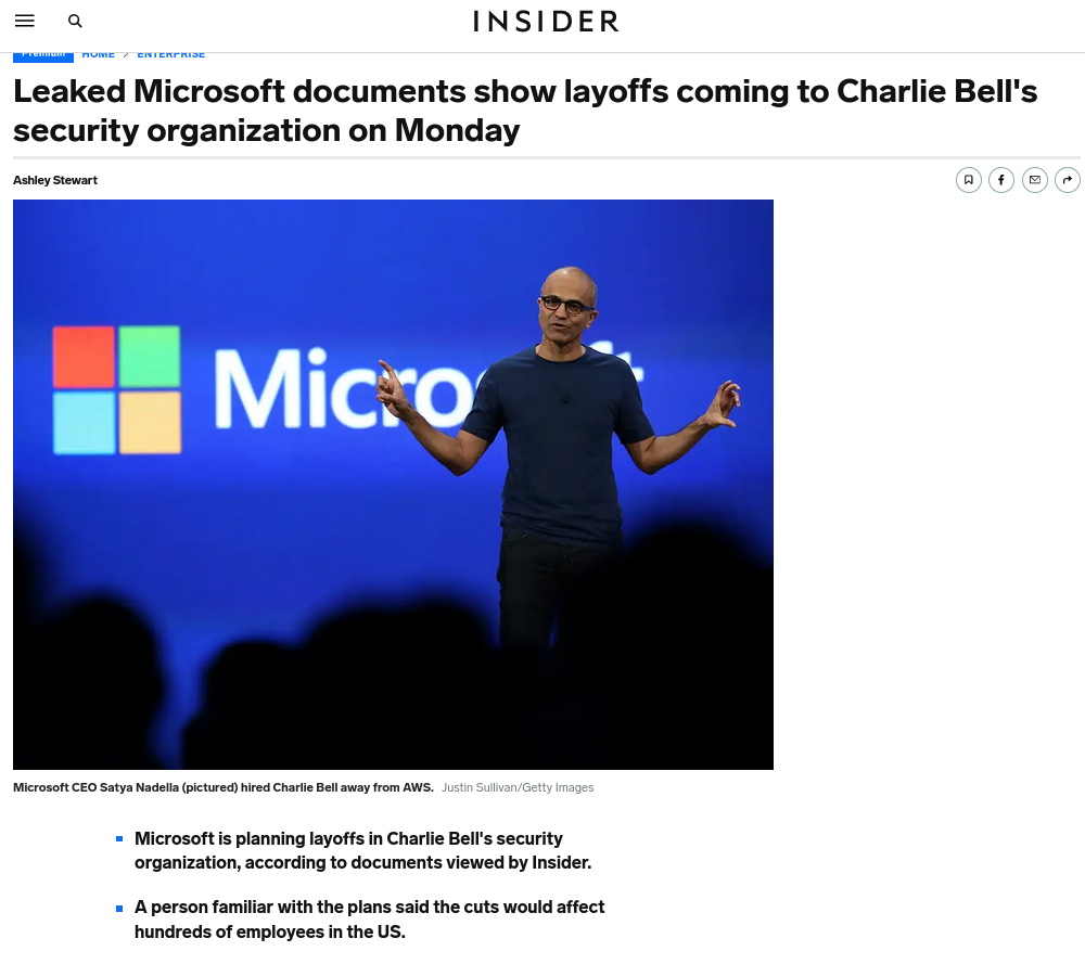 Leaked Microsoft documents show layoffs coming to Charlie Bell's security organization on Monday